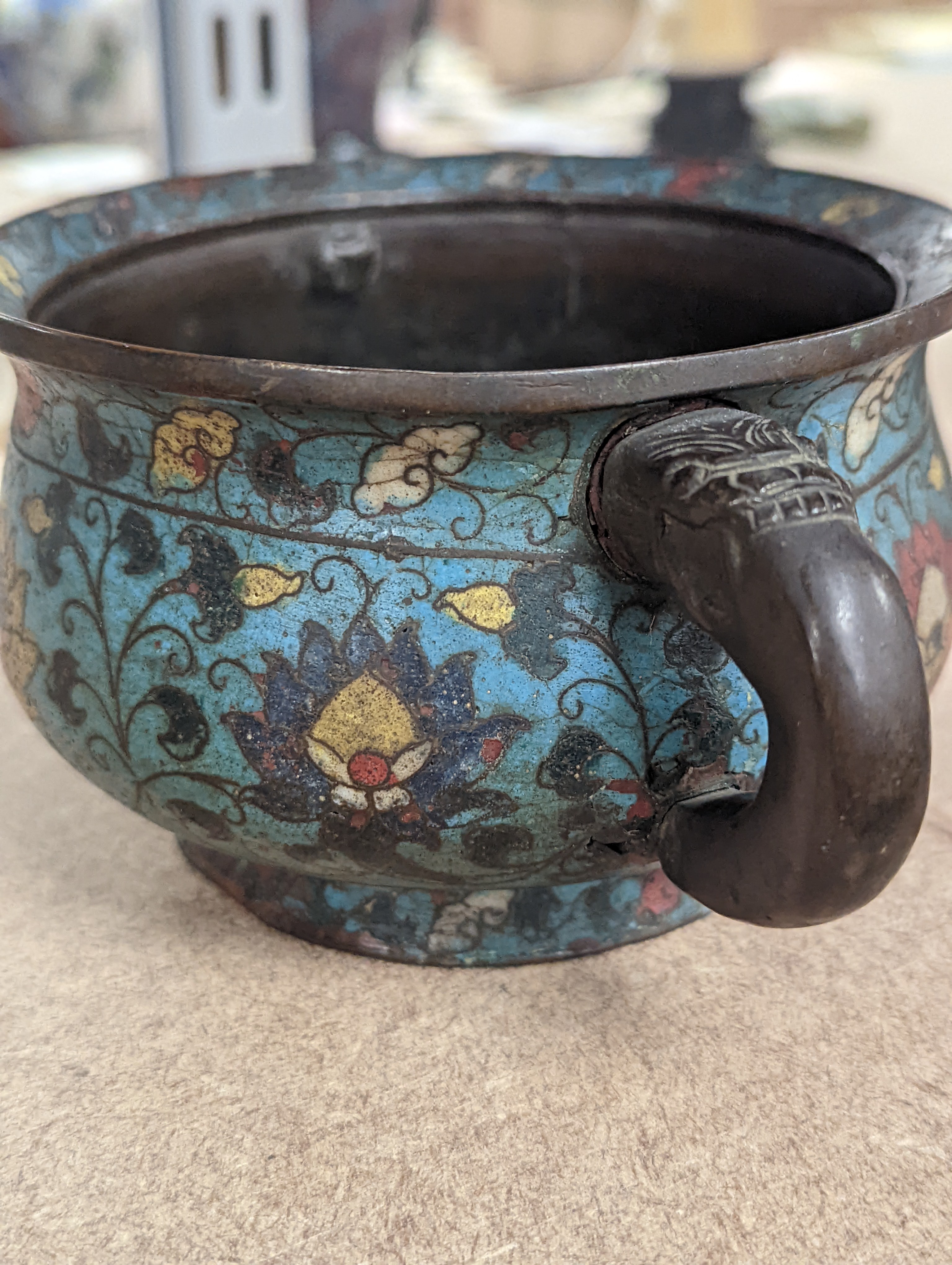 A Chinese late Ming dynasty bronze and cloisonné enamel ding censer 18cm